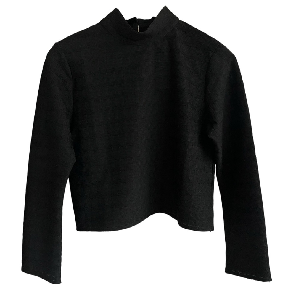 NWT Anthropologie Blue Tassel Black Textured Mock-Neck Long Sleeve‎ Top Sz S